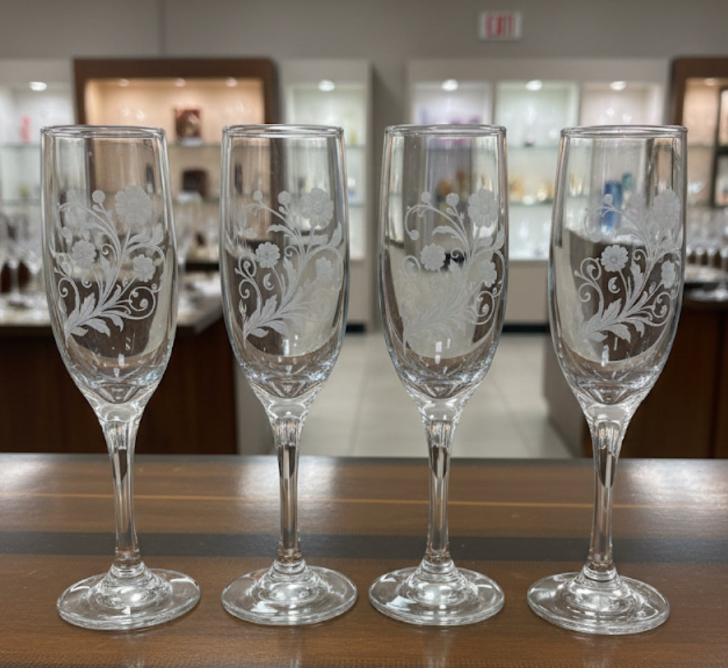Elegant Laser-Etched Crystal Flutes – Set of 4