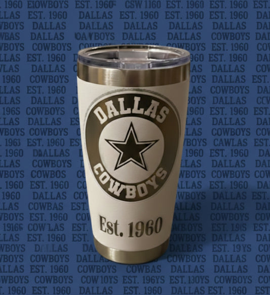 20 ounce stainless steel Dallas, cowboys laser etched Tumblr