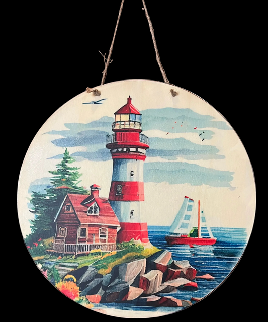 "Guiding Light" Nautical Wooden Wall Decor - 12" Round Lighthouse Art