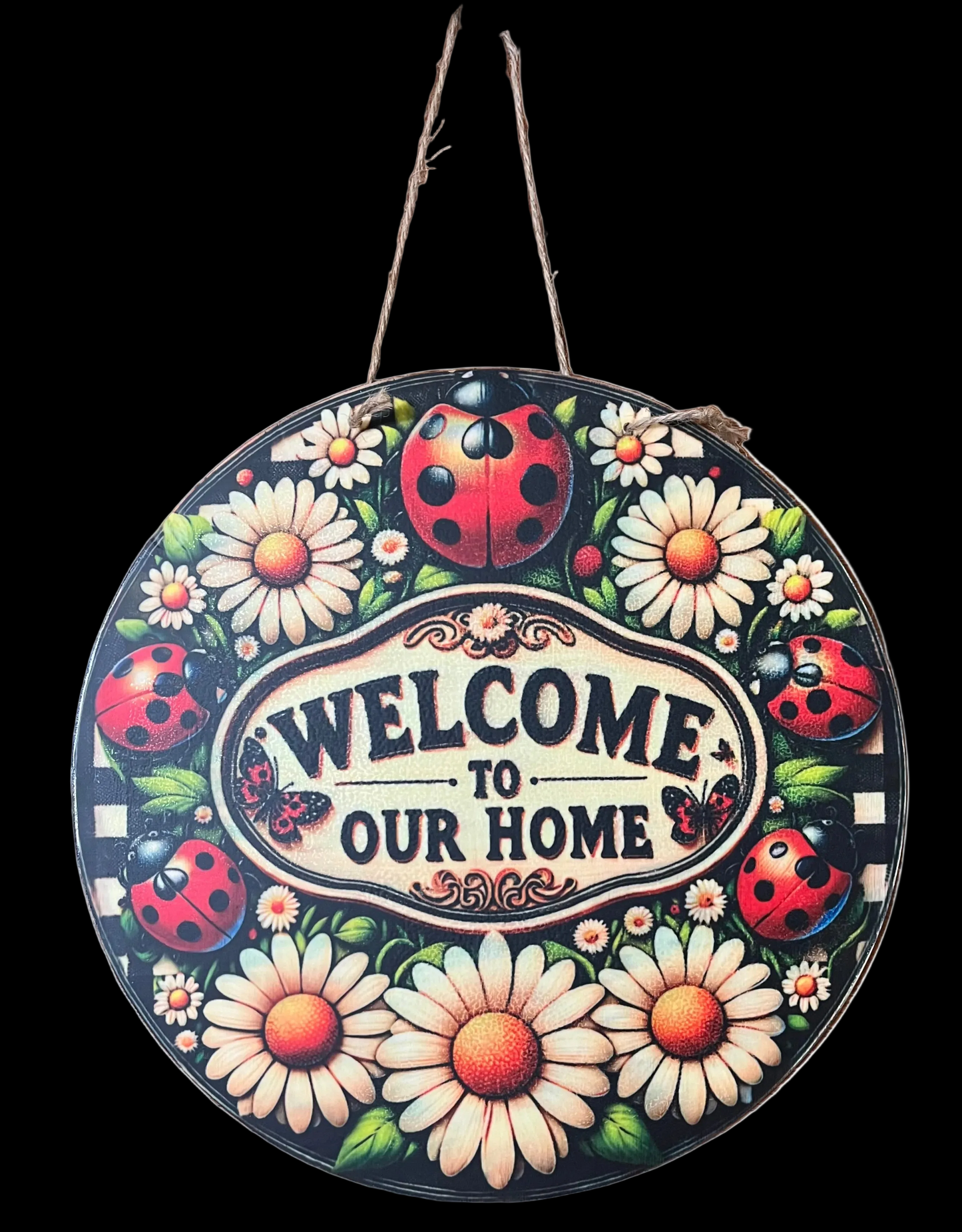 12-Inch Wood “Welcome to Our Home" Ladybug & Daisy Wooden Door Hanger
