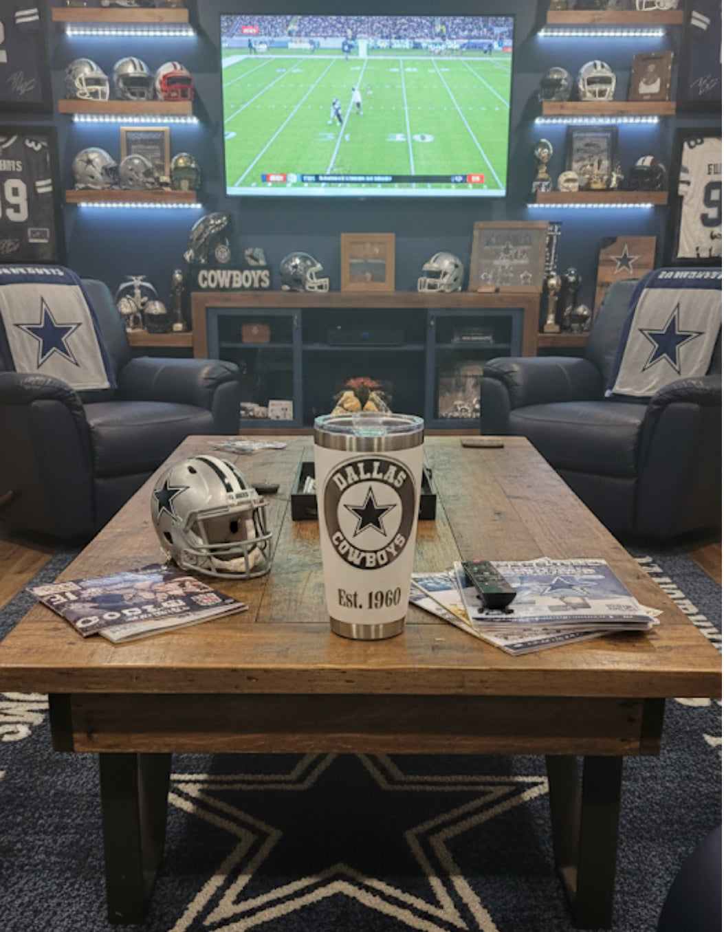 20 ounce stainless steel Dallas, cowboys laser etched Tumblr