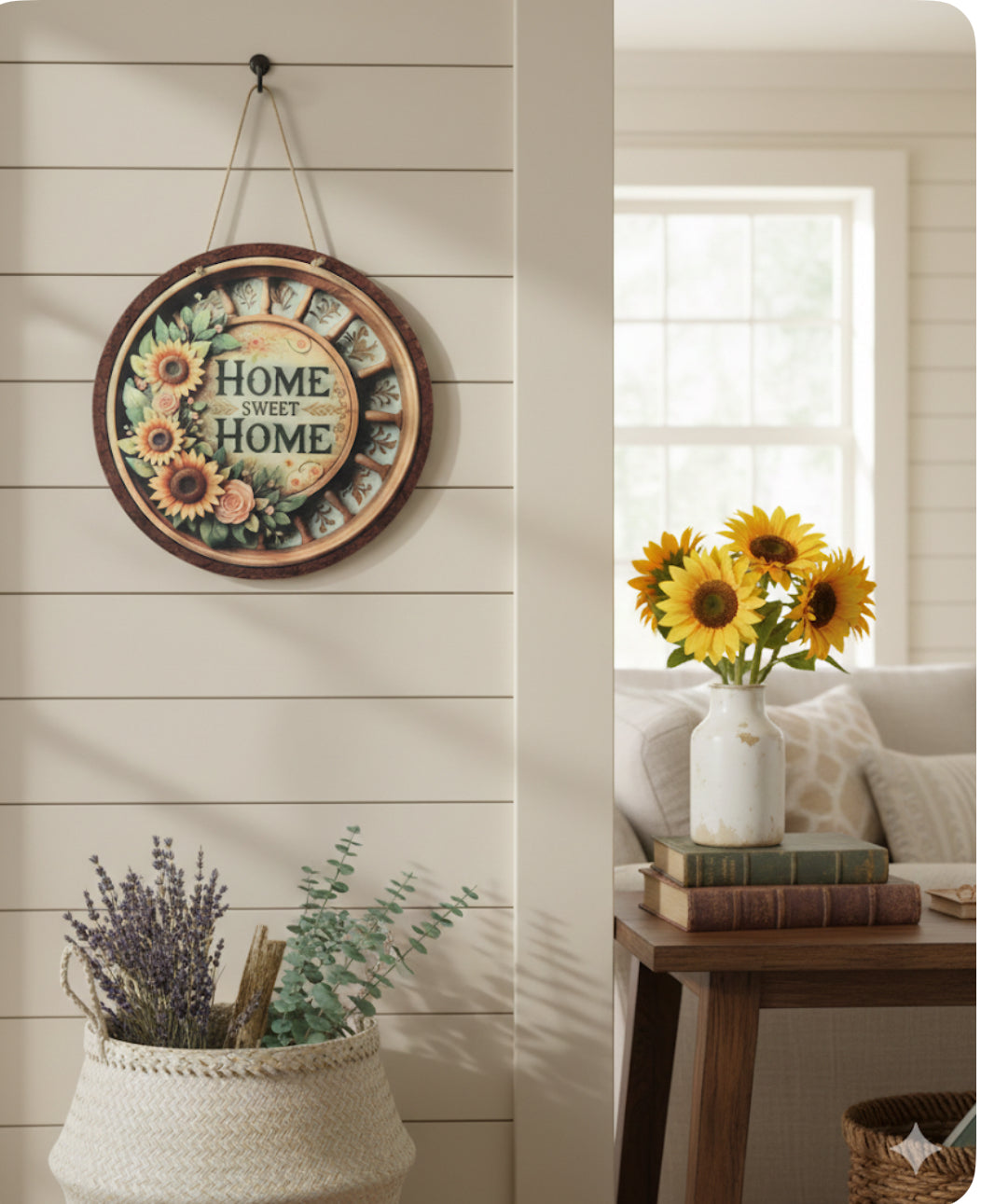 12" Rustic Sunflower "Home Sweet Home" Round Wood Sign – Farmhouse Wall Decor