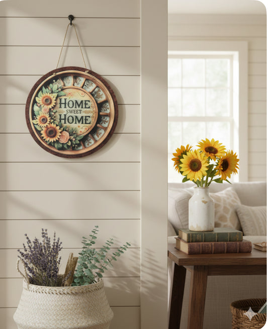 12" Rustic Sunflower "Home Sweet Home" Round Wood Sign – Farmhouse Wall Decor