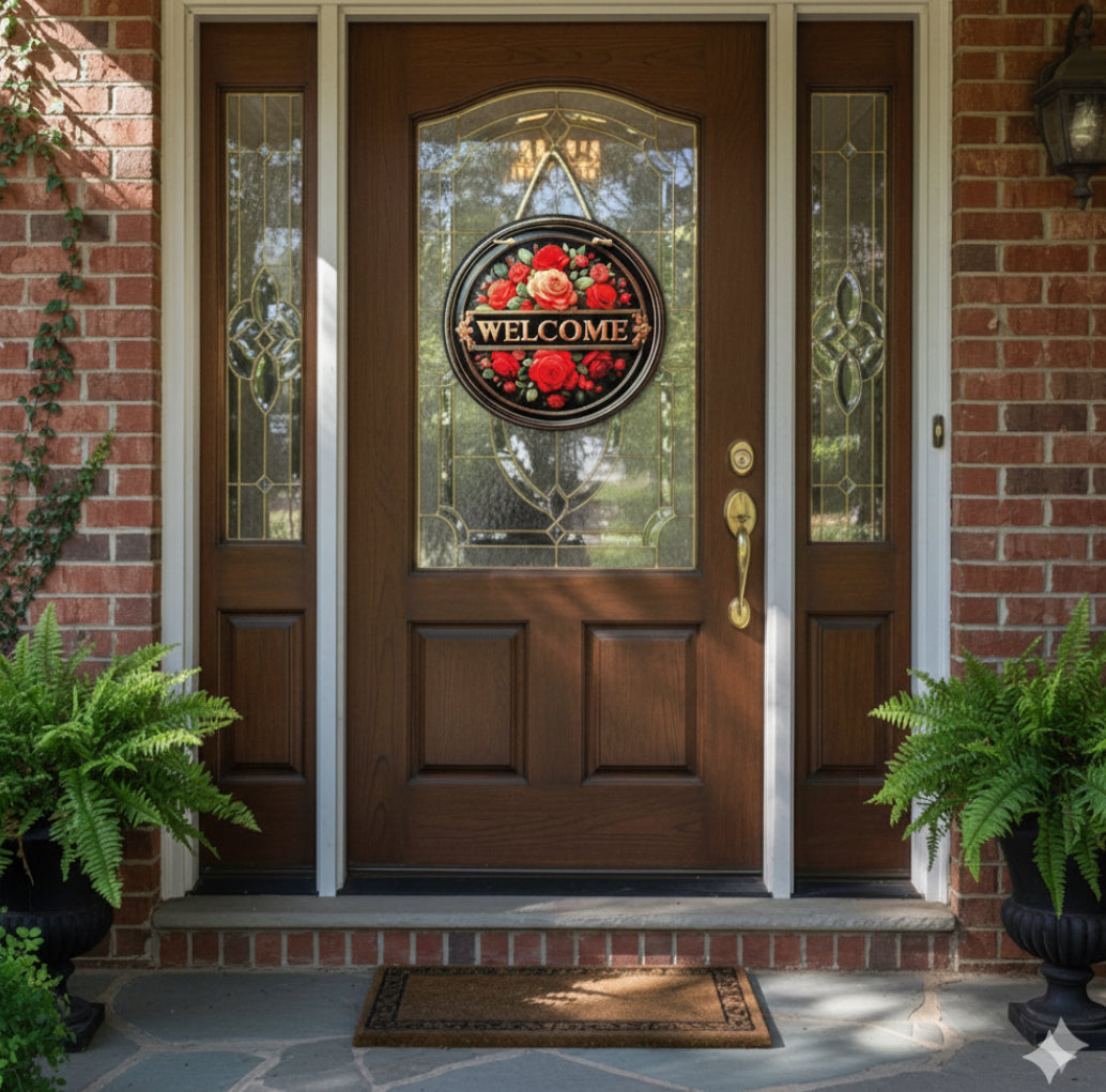 12" Red Rose Welcome Sign - Round Aluminum Metal Wall Art - Floral Front Door Decor