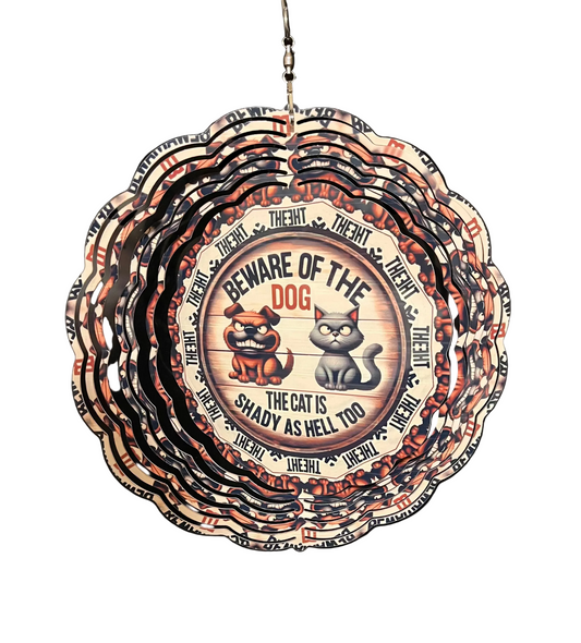 12" Beware of the Dog & Shady Cat Wind Spinner – Double-Sided Aluminum Yard Art – Funny Pet Warning Outdoor Garden Decor – 3D Kinetic Hanging Metal Spinner for Porch, Patio, & Yard