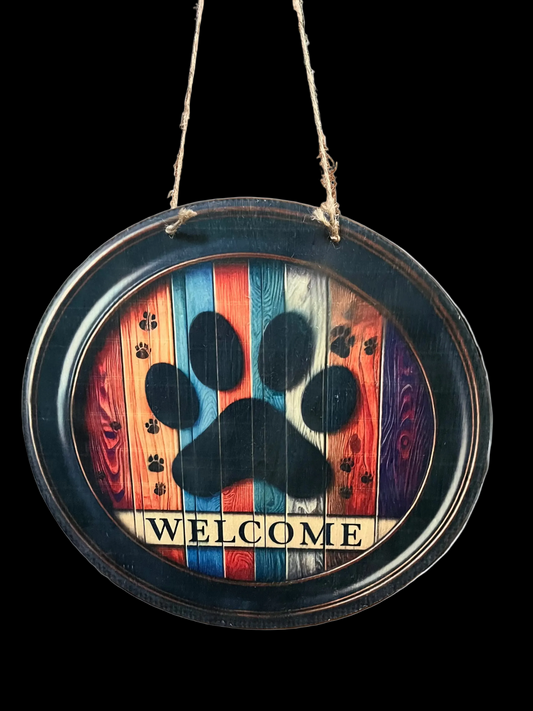 12" Rustic Paw Print Welcome Sign – Vintage Multi-Color Wood Hanging Decor for Pet Lovers