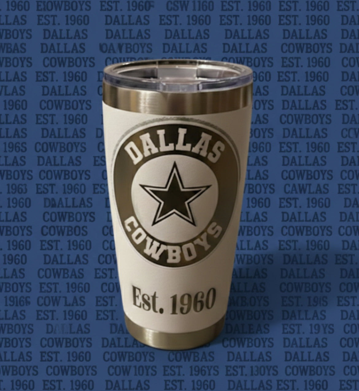 20 ounce stainless steel Dallas, cowboys laser etched Tumblr
