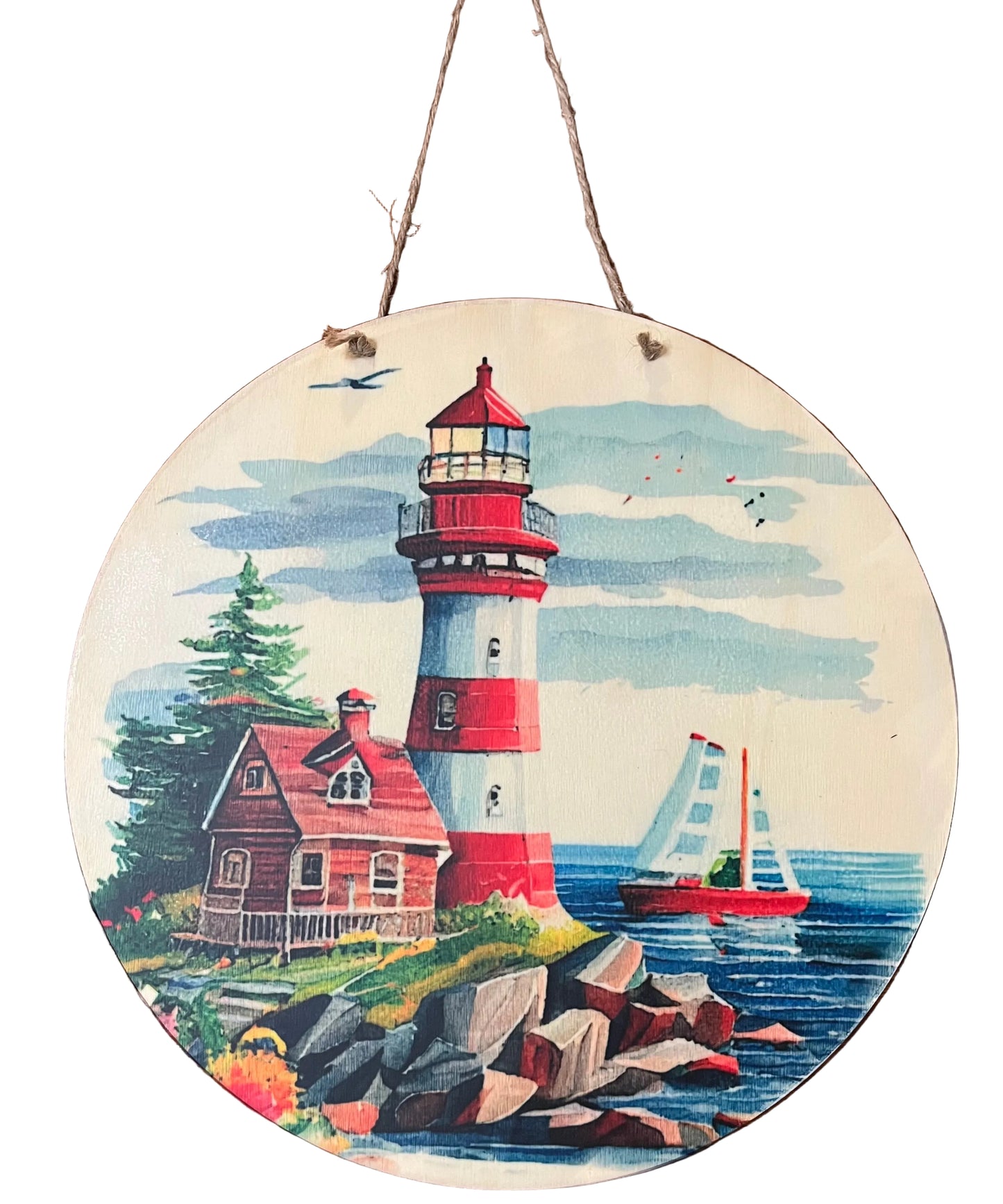 "Guiding Light" Nautical Wooden Wall Decor - 12" Round Lighthouse Art