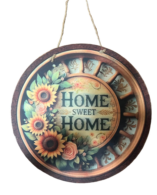 12" Rustic Sunflower "Home Sweet Home" Round Wood Sign – Farmhouse Wall Decor