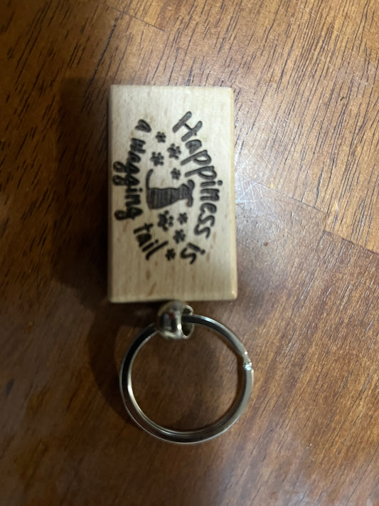 Wood-lasered Engraved "Happiness is a Wagging Tail" Dog Lover's Keychain