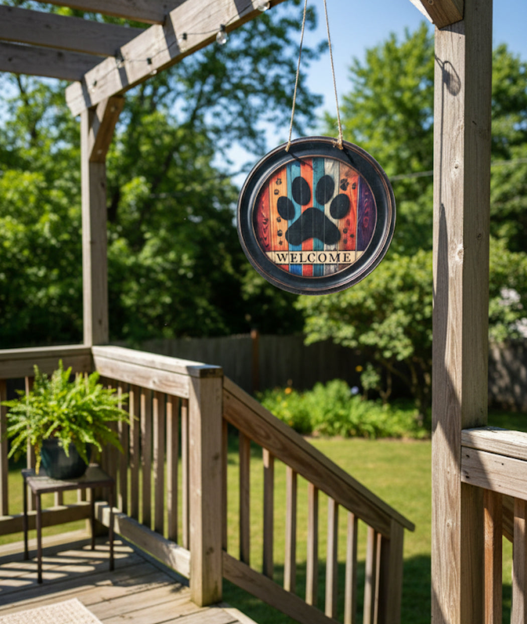 12" Rustic Paw Print Welcome Sign – Vintage Multi-Color Wood Hanging Decor for Pet Lovers