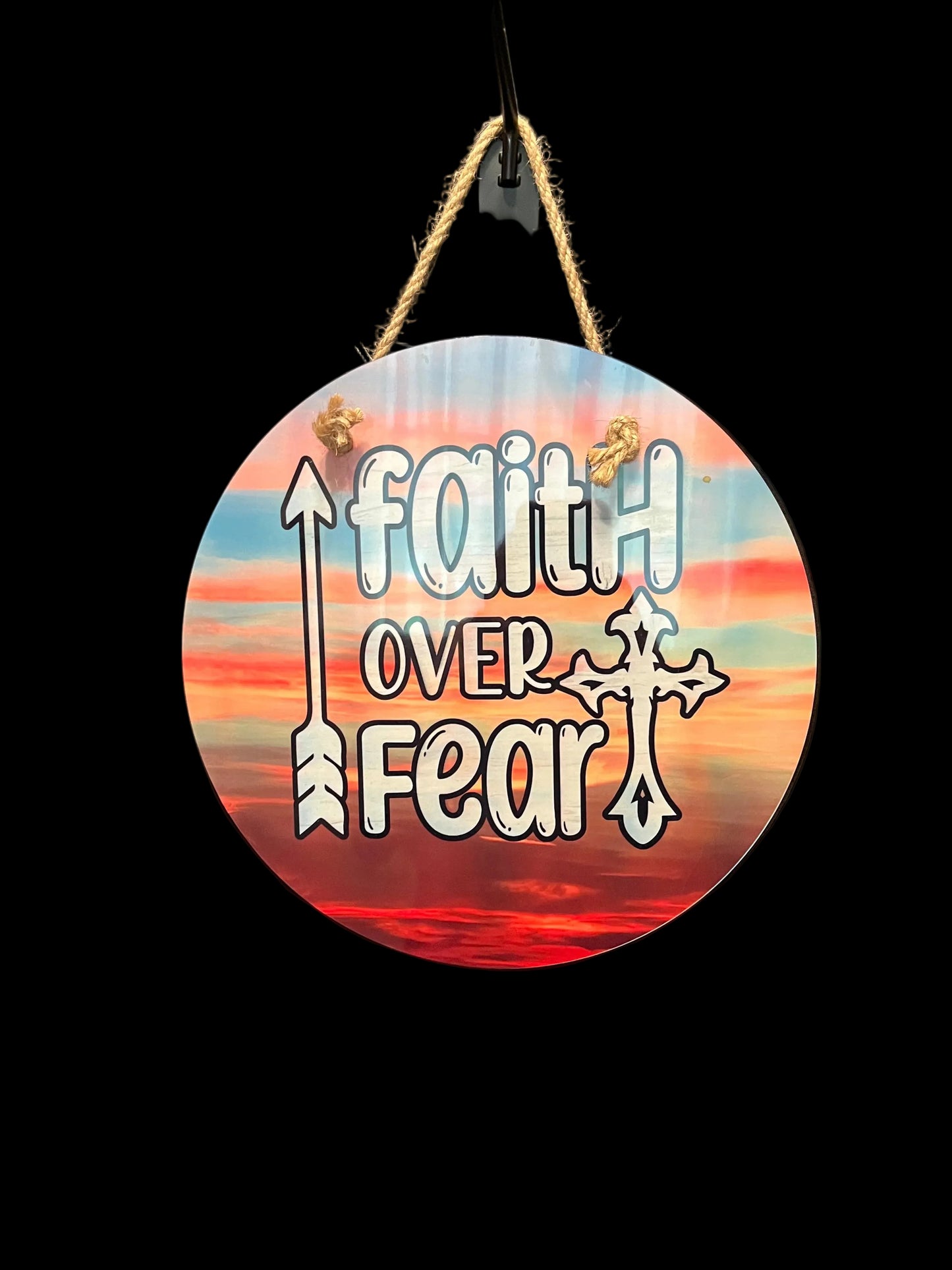 10" Faith Over Fear Aluminum Round Sign - Sunset Sky Religious Wall Decor