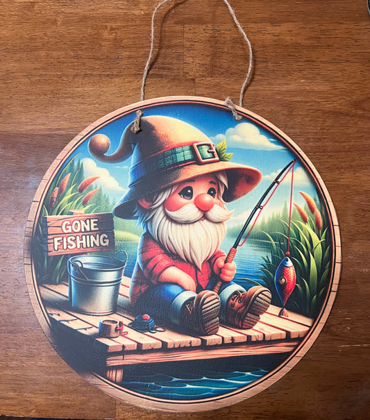 12" Rustic Fishing Gnome Wood Sign – "Gone Fishing" Wall Decor for Cabin, Man Cave, or Nursery