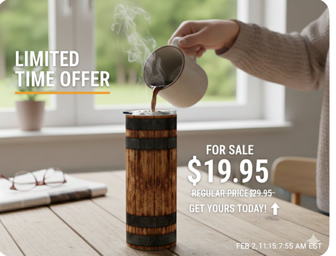 Rustic Spirit: The 20oz Whiskey Barrel Insulated Tumbler