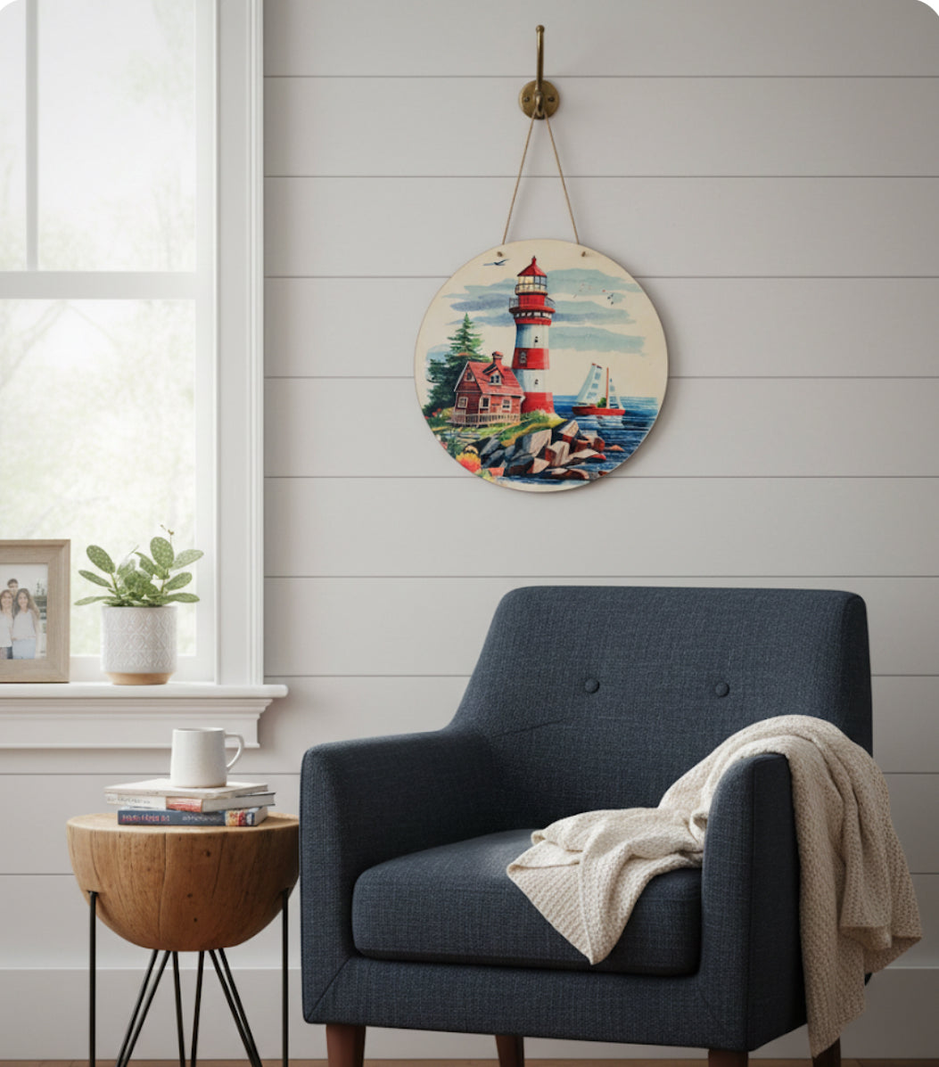 "Guiding Light" Nautical Wooden Wall Decor - 12" Round Lighthouse Art