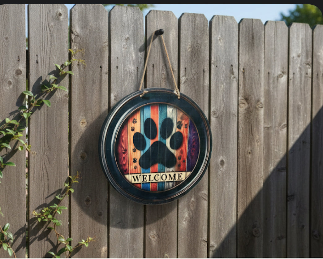 12" Rustic Paw Print Welcome Sign – Vintage Multi-Color Wood Hanging Decor for Pet Lovers