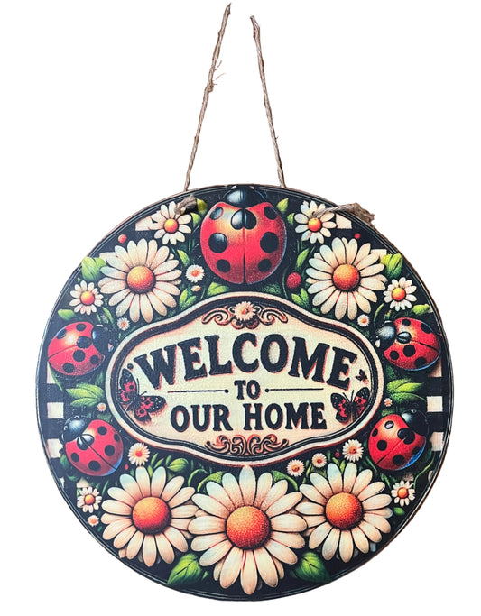 12-Inch Wood “Welcome to Our Home" Ladybug & Daisy Wooden Door Hanger