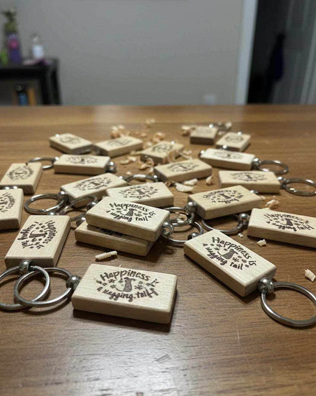 Wood-lasered Engraved "Happiness is a Wagging Tail" Dog Lover's Keychain