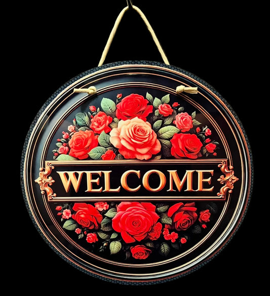 12" Red Rose Welcome Sign - Round Aluminum Metal Wall Art - Floral Front Door Decor
