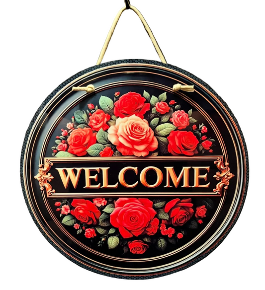12" Red Rose Welcome Sign - Round Aluminum Metal Wall Art - Floral Front Door Decor