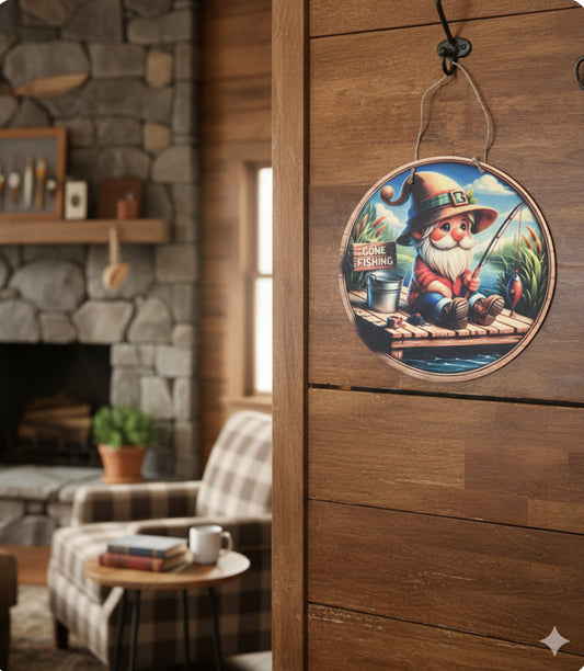 12" Rustic Fishing Gnome Wood Sign – "Gone Fishing" Wall Decor for Cabin, Man Cave, or Nursery