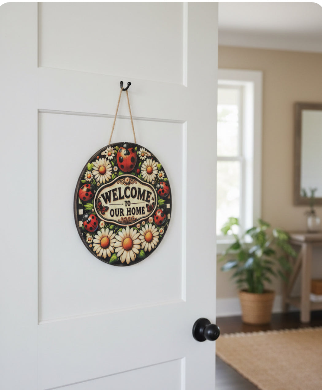 12-Inch Wood “Welcome to Our Home" Ladybug & Daisy Wooden Door Hanger