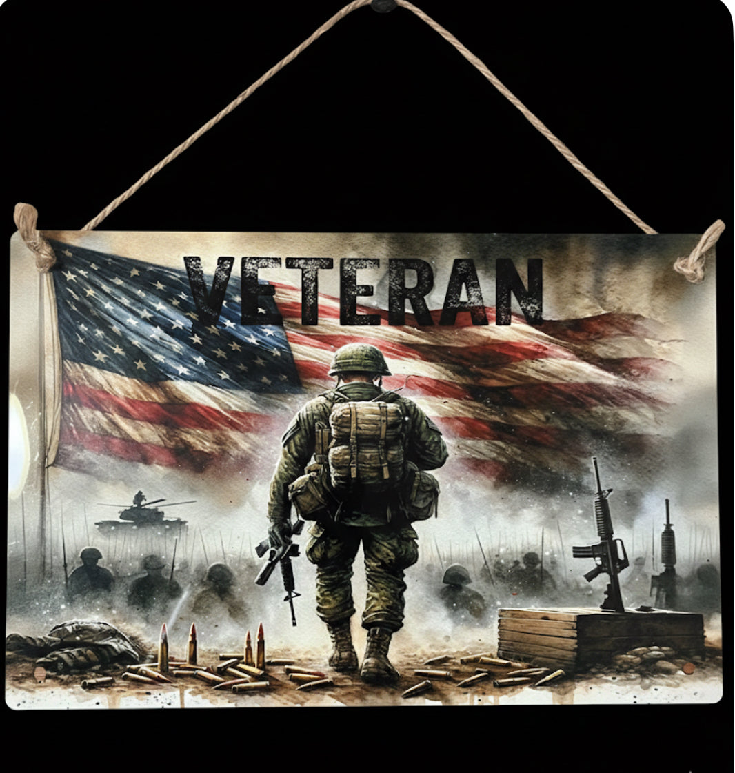 🎖️ 8" x 12" "Veteran" Aluminum Wall Art – Patriotic Military Tribute Decor