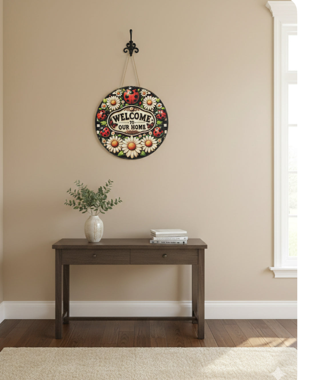 12-Inch Wood “Welcome to Our Home" Ladybug & Daisy Wooden Door Hanger
