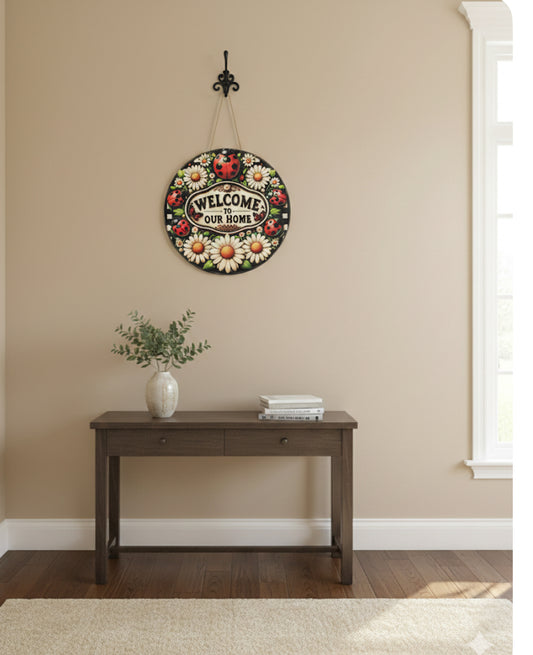 12-Inch Wood “Welcome to Our Home" Ladybug & Daisy Wooden Door Hanger
