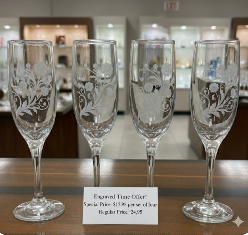 Elegant Laser-Etched Crystal Flutes – Set of 4