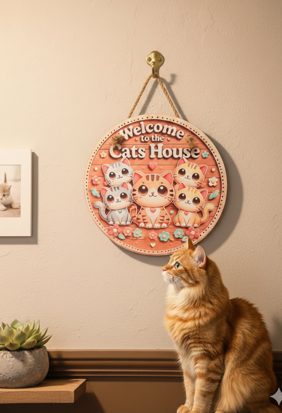 Premium 10" Aluminum "Welcome to the Cats House" Round Metal Sign – Vibrant Kawaii Cat Decor for Indoor/Outdoor Use