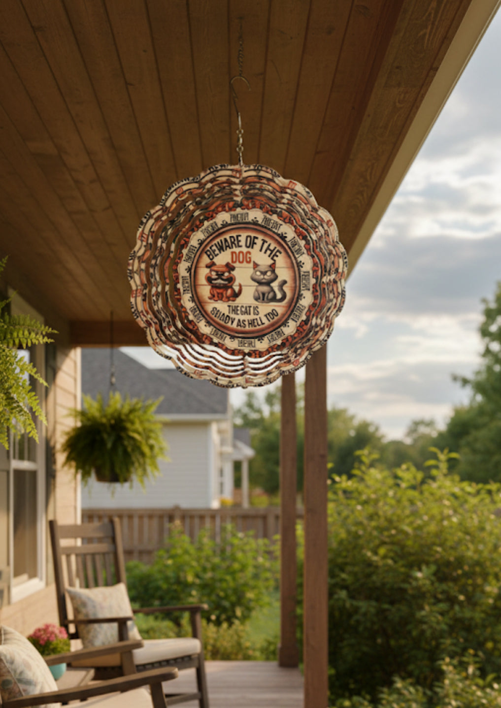 12" Beware of the Dog & Shady Cat Wind Spinner – Double-Sided Aluminum Yard Art – Funny Pet Warning Outdoor Garden Decor – 3D Kinetic Hanging Metal Spinner for Porch, Patio, & Yard