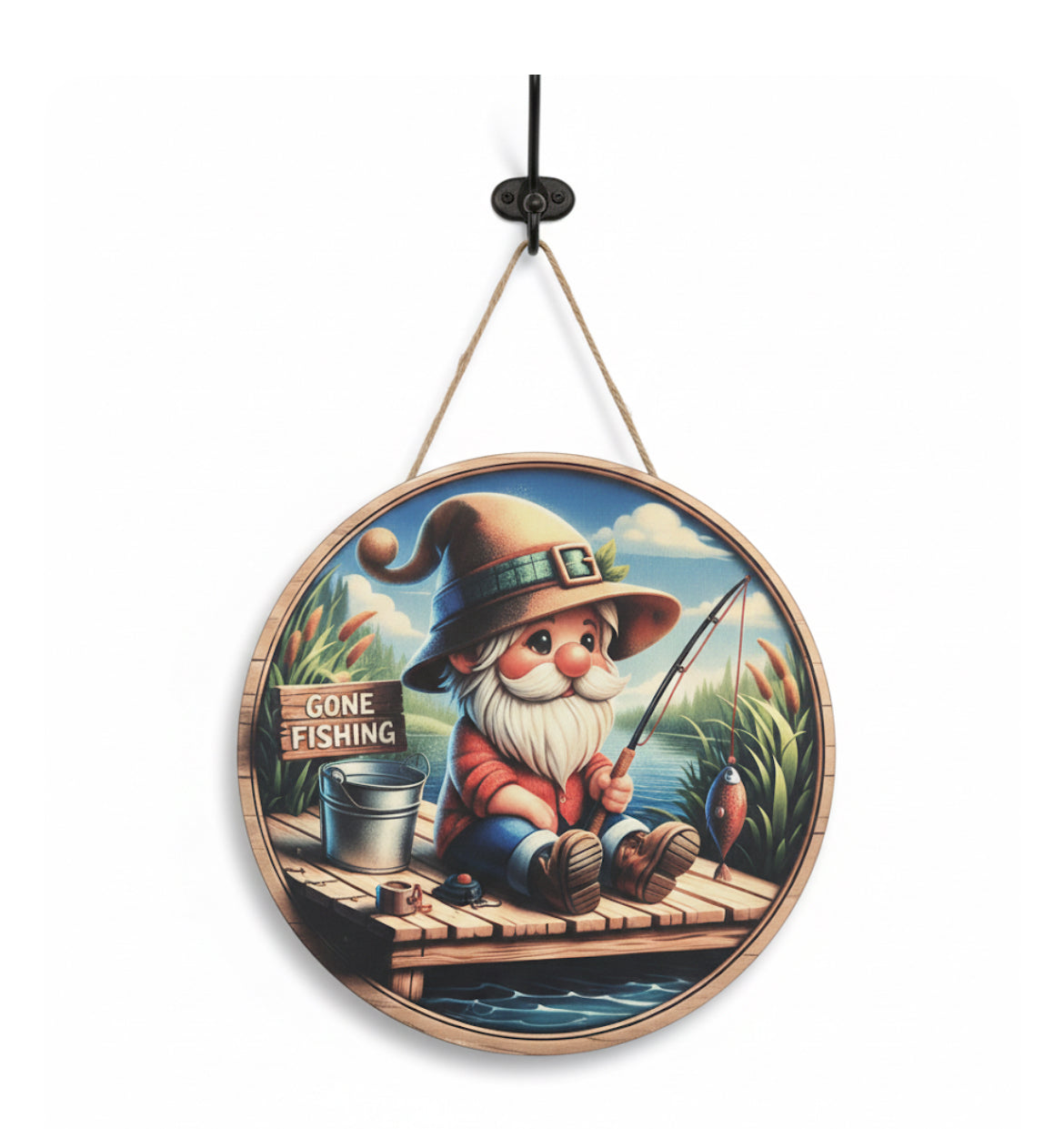 12" Rustic Fishing Gnome Wood Sign – "Gone Fishing" Wall Decor for Cabin, Man Cave, or Nursery