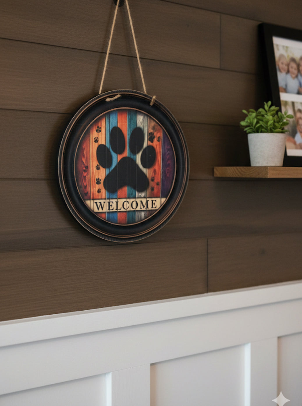 12" Rustic Paw Print Welcome Sign – Vintage Multi-Color Wood Hanging Decor for Pet Lovers