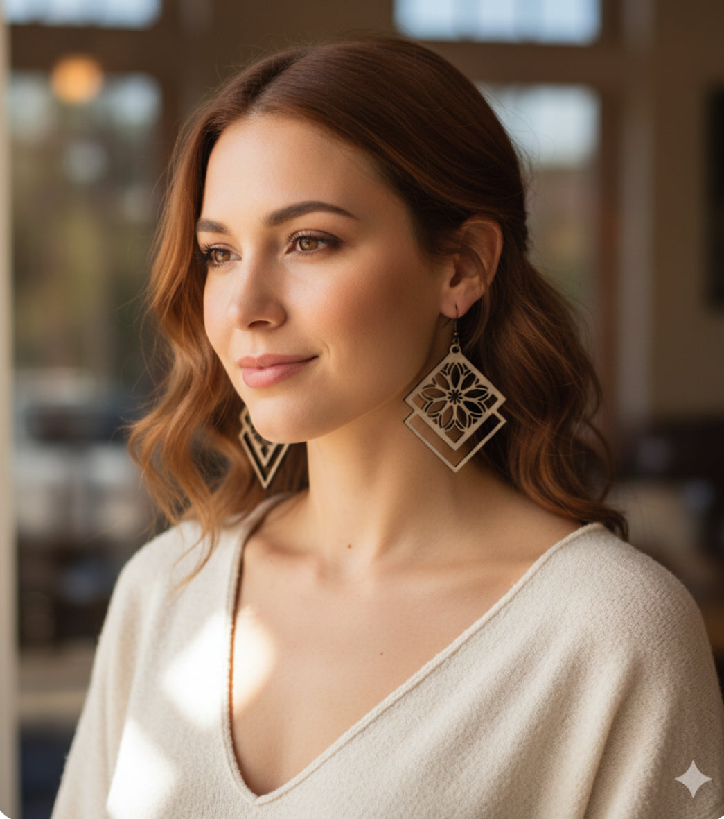 Boho-Chic Geometric Petal Earrings | Lightweight Laser-Cut Balsa Wood