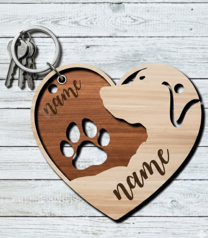 Personalized Laser Cut Wood Dog Heart Keychain | Custom Pet Name Keychain | Memorial Pet Gift for Dog Lovers | Engraved