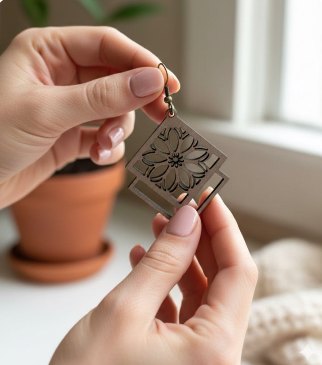 Boho-Chic Geometric Petal Earrings | Lightweight Laser-Cut Balsa Wood