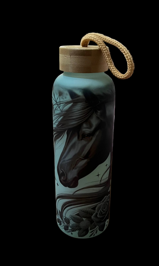 Floral Horse Frosted Glass Water Bottle - 20oz Equestrian Gift with Bamboo Lid