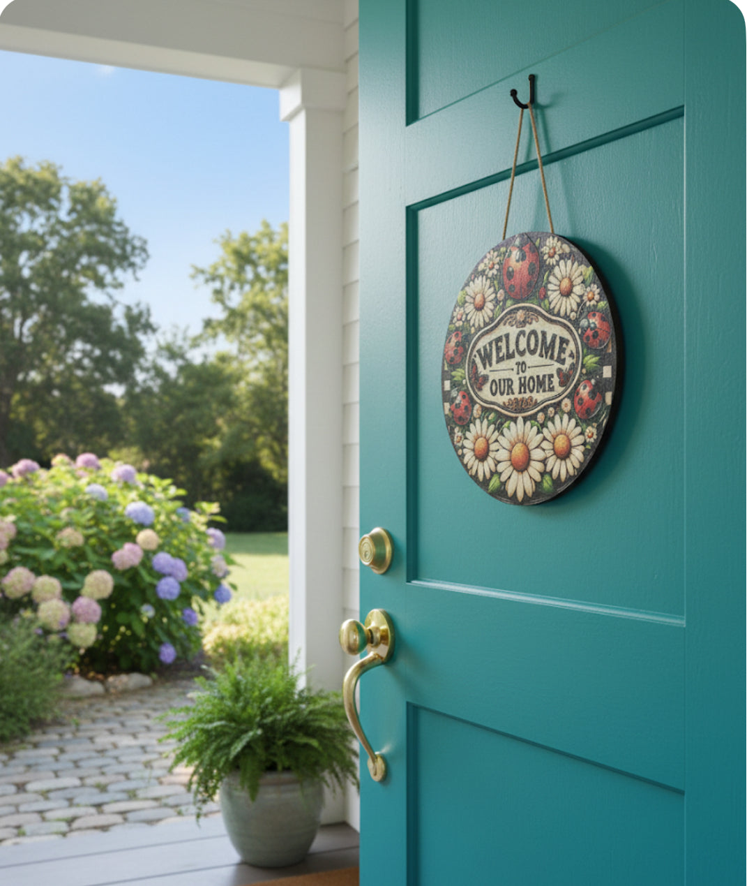 12-Inch Wood “Welcome to Our Home" Ladybug & Daisy Wooden Door Hanger