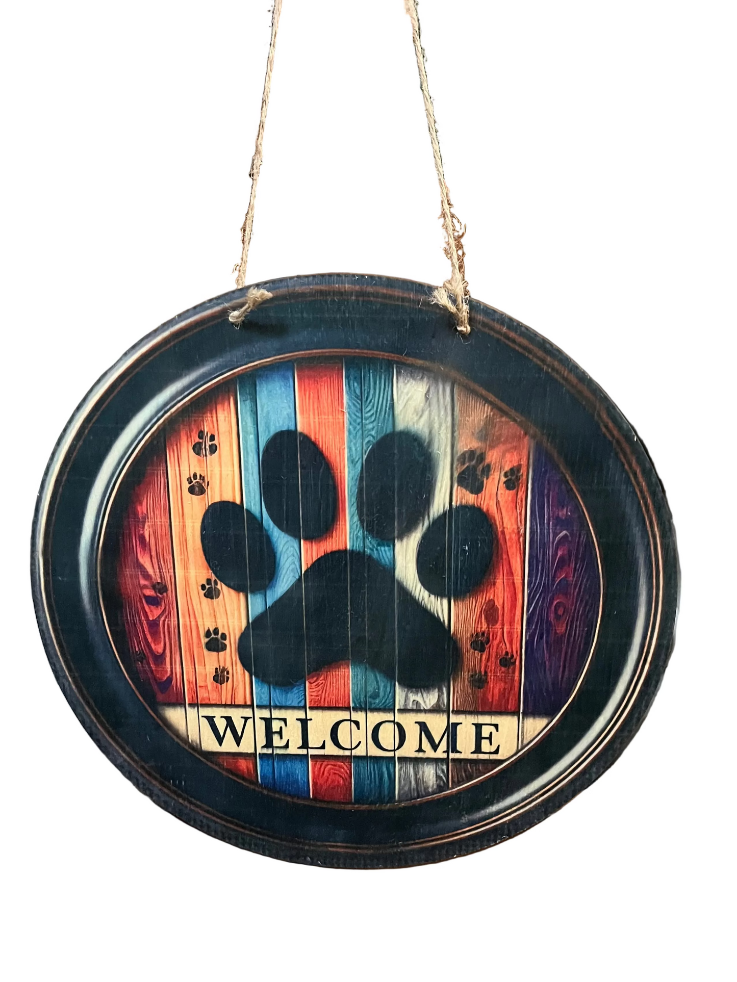 12" Rustic Paw Print Welcome Sign – Vintage Multi-Color Wood Hanging Decor for Pet Lovers